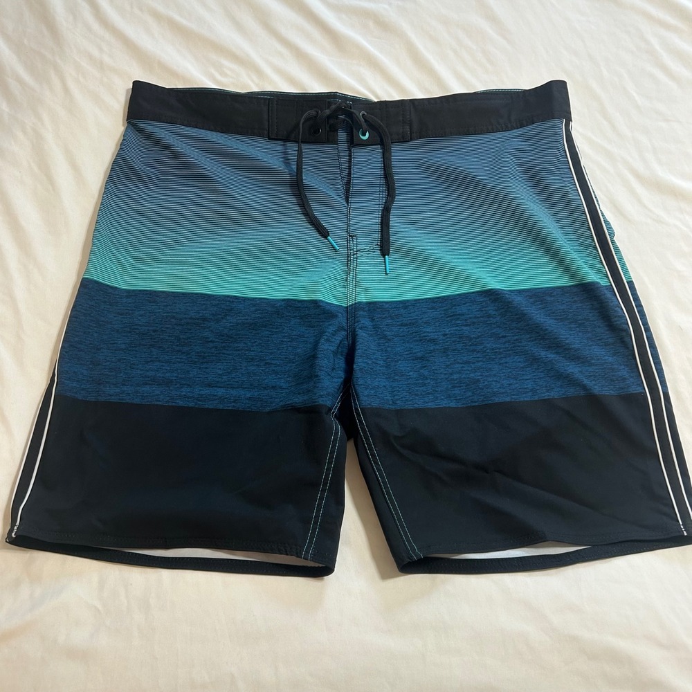 Burnside Mens Board Shorts Blue Teal Striped Swim Trunks Size 36